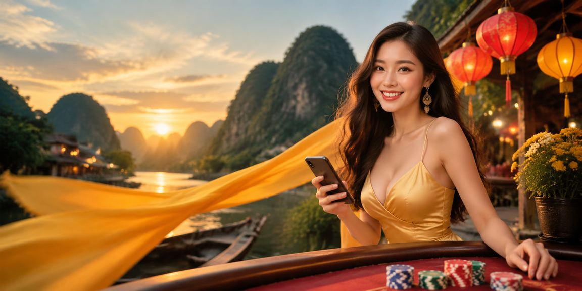 Người chơi tại Hội An theo dõi đồng hồ jackpot trên điện thoại dưới ánh đèn lồng